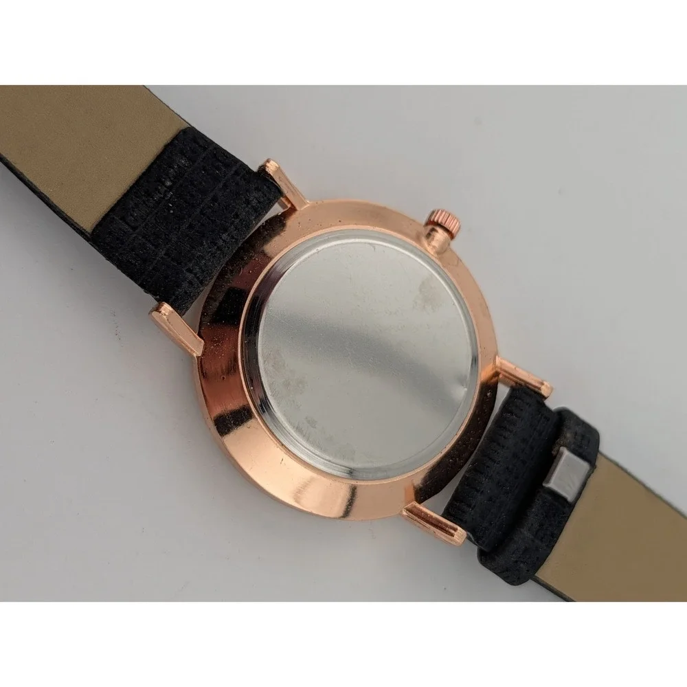 Women's Quartz Watch 36mm Rose Gold‎ Case Black Faux Leather Band- New Battery